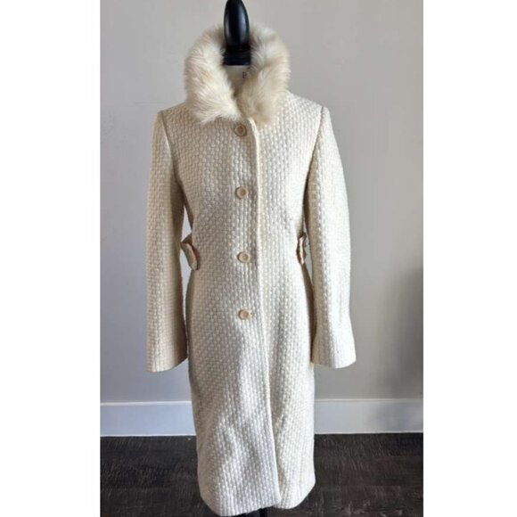 Y2K Moda Women Wool Coat with Faux Fur Collar Cream Size 10 - Picture 12 of 14